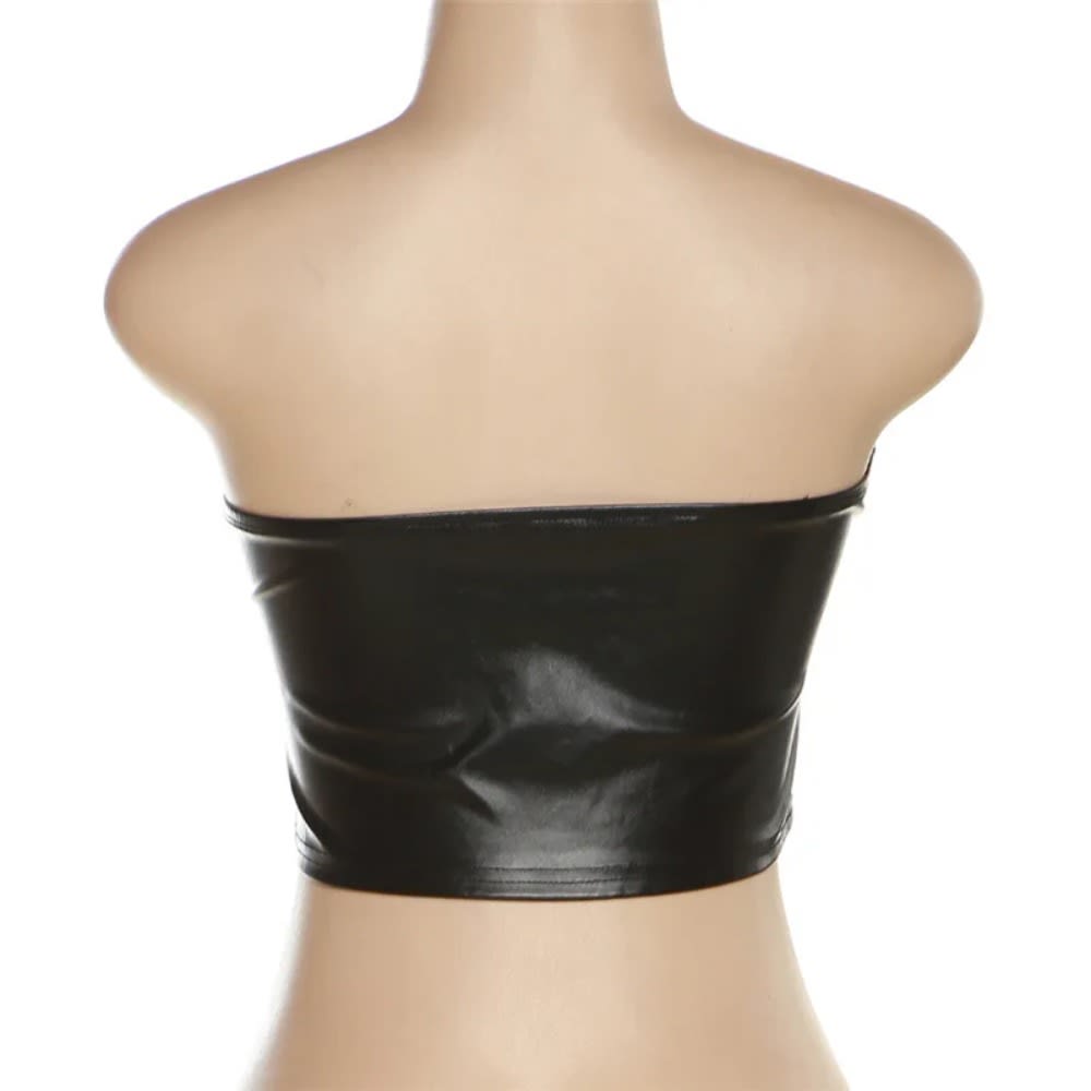 Women Black PU Leather 2 Piece Set Off Shoulder Crop Top